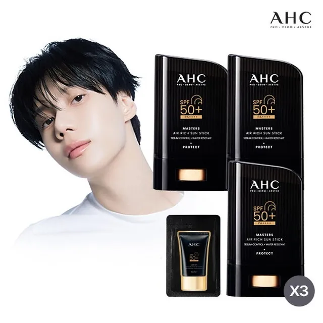 AHC 1등 블랙 선스틱 AHC 마스터즈 에어 리치 선스틱 22g 3통+선크림 1ml